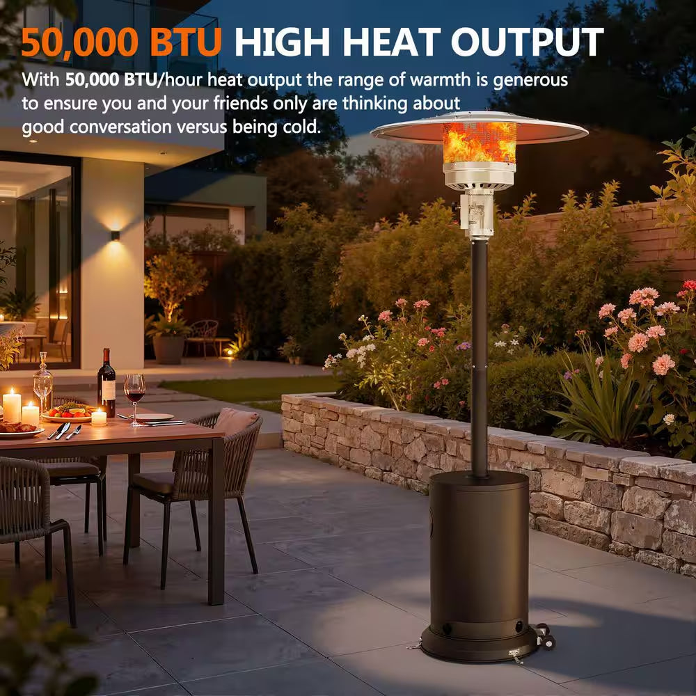Upgraded 50,000 BTU Stainless Steel Matte Black Propane Gas Standing Patio Heater with 2-Wheels and Flame-Out Protection