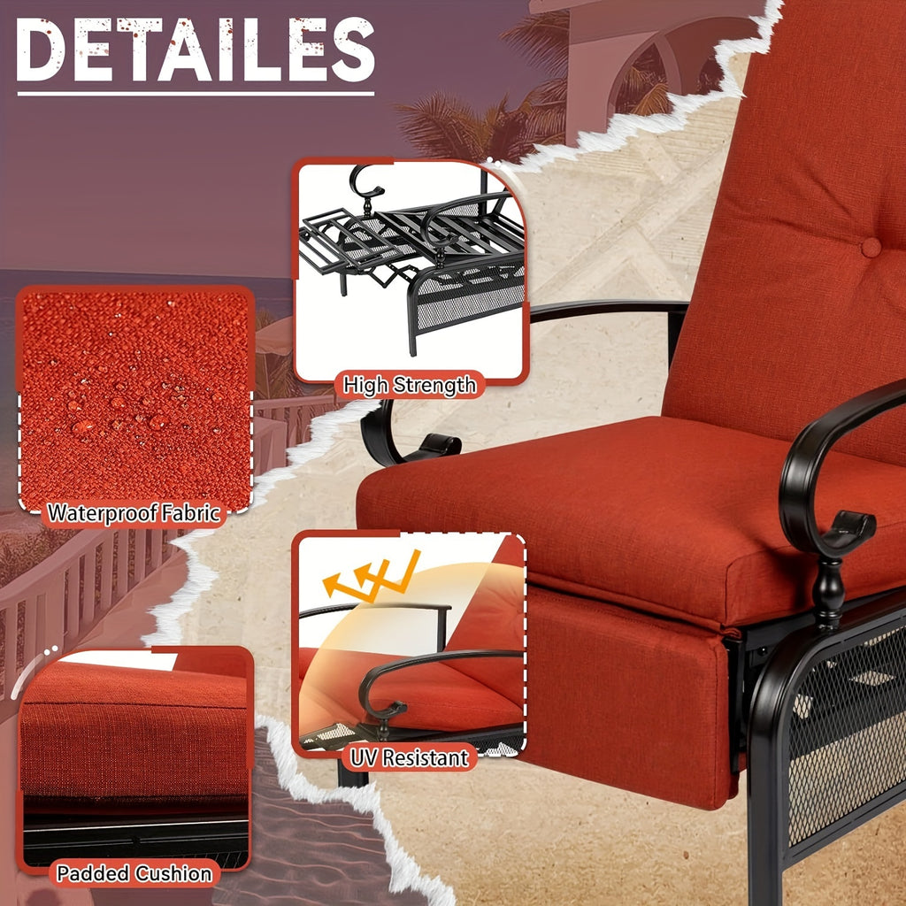 Relaxation Master Recliner - Adjustable Backrest Lounge Chair for Outdoor Leisure - Black Metal Frame, Removable Cushions, Durable, Comfortable, Perfect for Porch, Backyard, Pool or Garden, Red