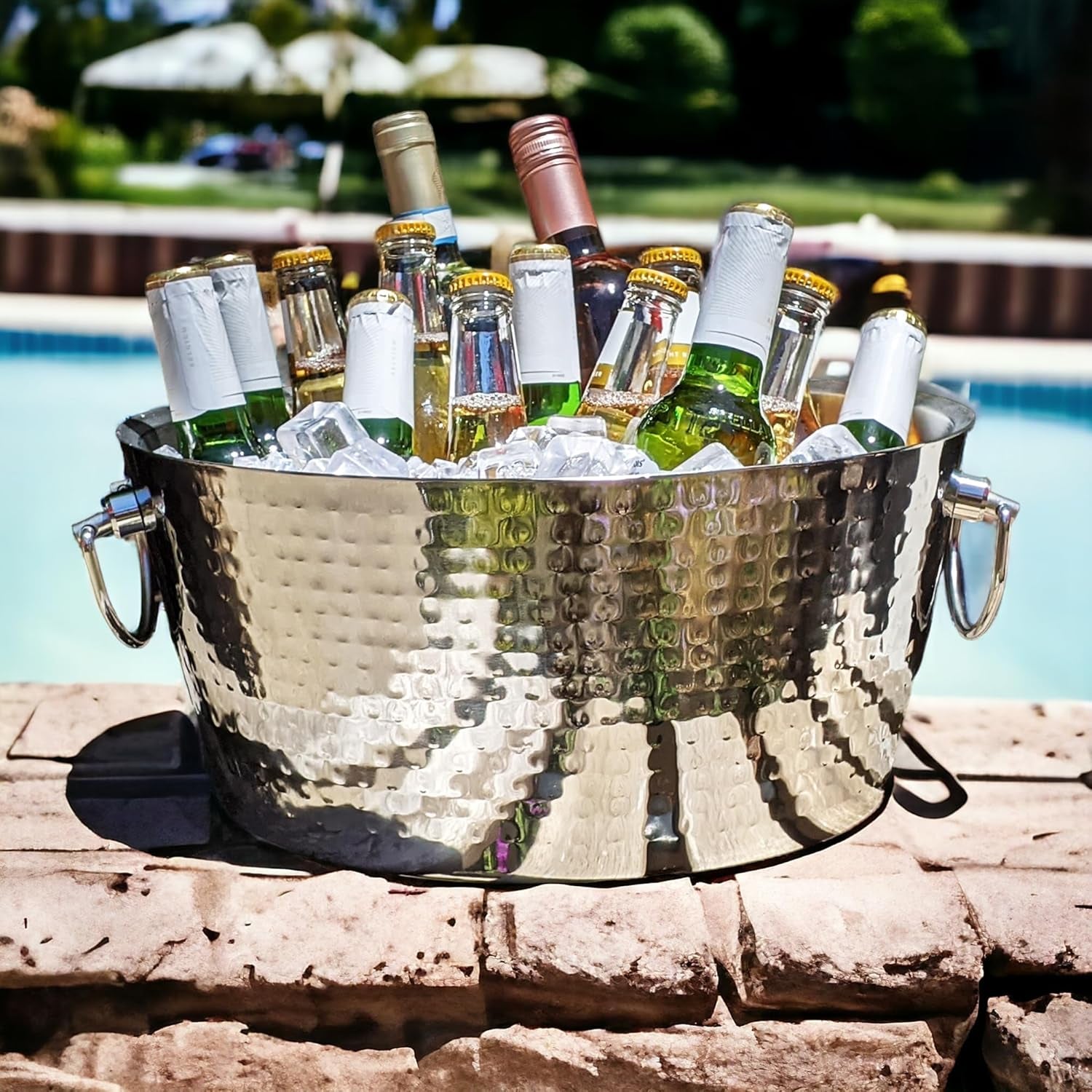 Elevate Your Entertaining Game with Our Premium Double-Walled Hammered Stainless Steel Beverage Tub - Keep Drinks Ice Cold for Hours with 12 Quarts of Refreshment!