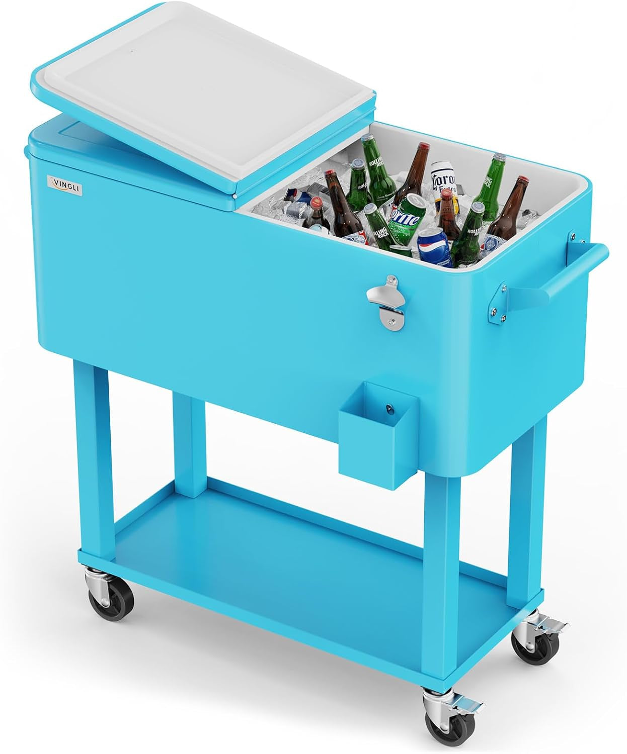 Beat the Heat with Our 80 Quart Rolling Ice Chest! Ideal for Patio Parties, Poolside Gatherings, and Outdoor Fun - Complete with Convenient Shelf & Built-in Bottle Opener!