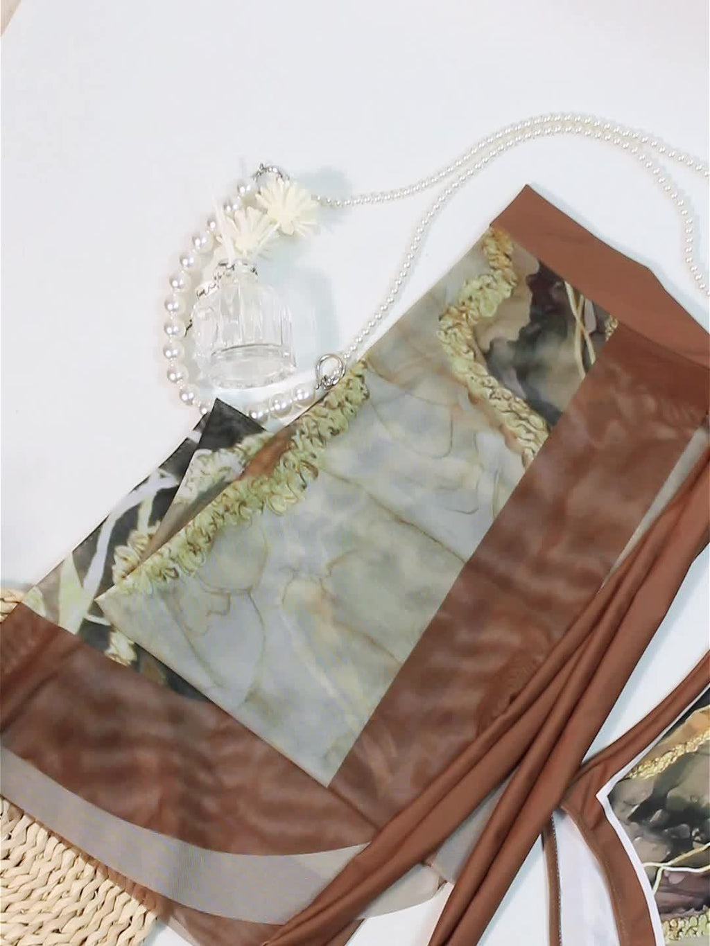 Women'S Off-Shoulder Marble Swimsuit with Sheer Strapless Swimwear - Brown and Golden Accents, High-Stretch Fabric, Perfect for Beach and Pool, Pool Swimsuit|Sleek Two-Piece Set|Subtle Embellishment