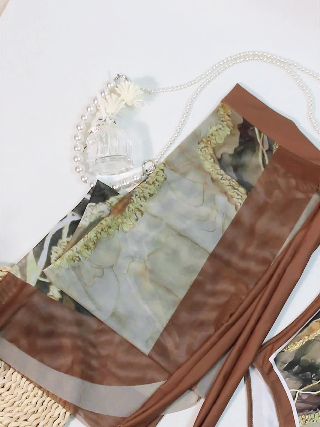 Women'S Off-Shoulder Marble Swimsuit with Sheer Strapless Swimwear - Brown and Golden Accents, High-Stretch Fabric, Perfect for Beach and Pool, Pool Swimsuit|Sleek Two-Piece Set|Subtle Embellishment