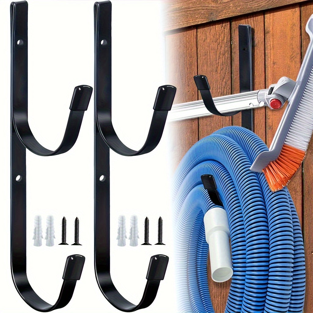 2-Pack Heavy-Duty Metal Pool Pole Hangers, Wall Mounted Hooks for Swimming Pool Tools, Rakes, Skimmers, Nets & Garden Equipment Organizer with Protective Rubber Caps
