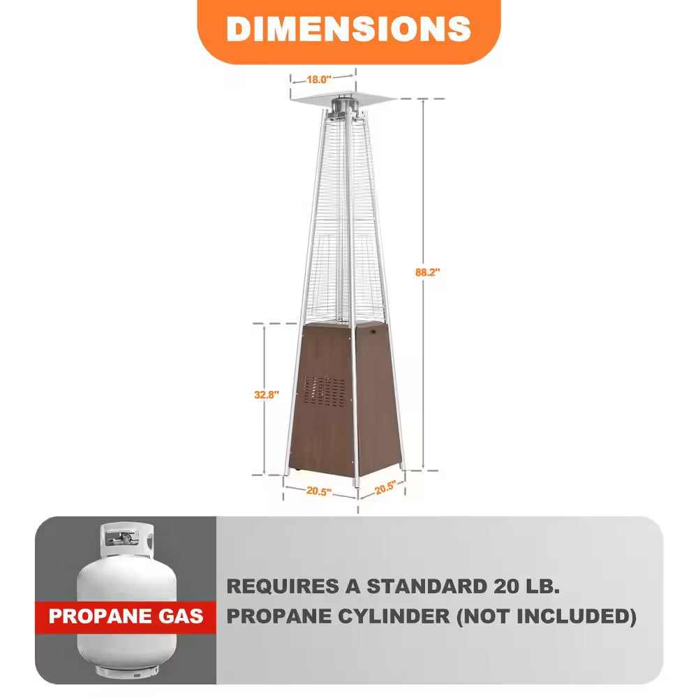 48,000 BTU Stainless Steel Wood-Grain Finish Pyramid Propane Gas Patio Heater with Wheels