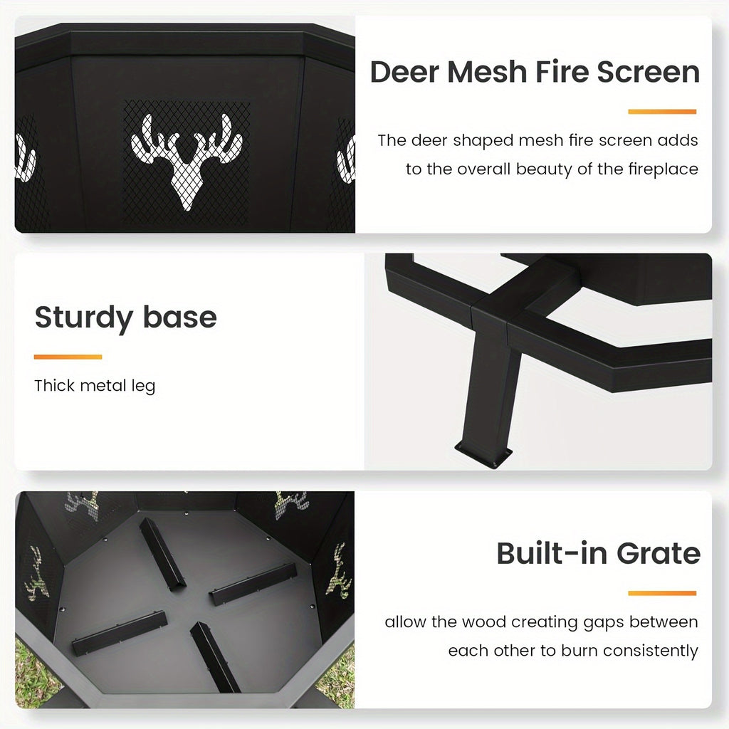 35" Octagonal Wood-Burning Fire Pit - Premium Durable Outdoor Backyard Patio Heater With Poker, Sleek Black Finish, Safe For Camping