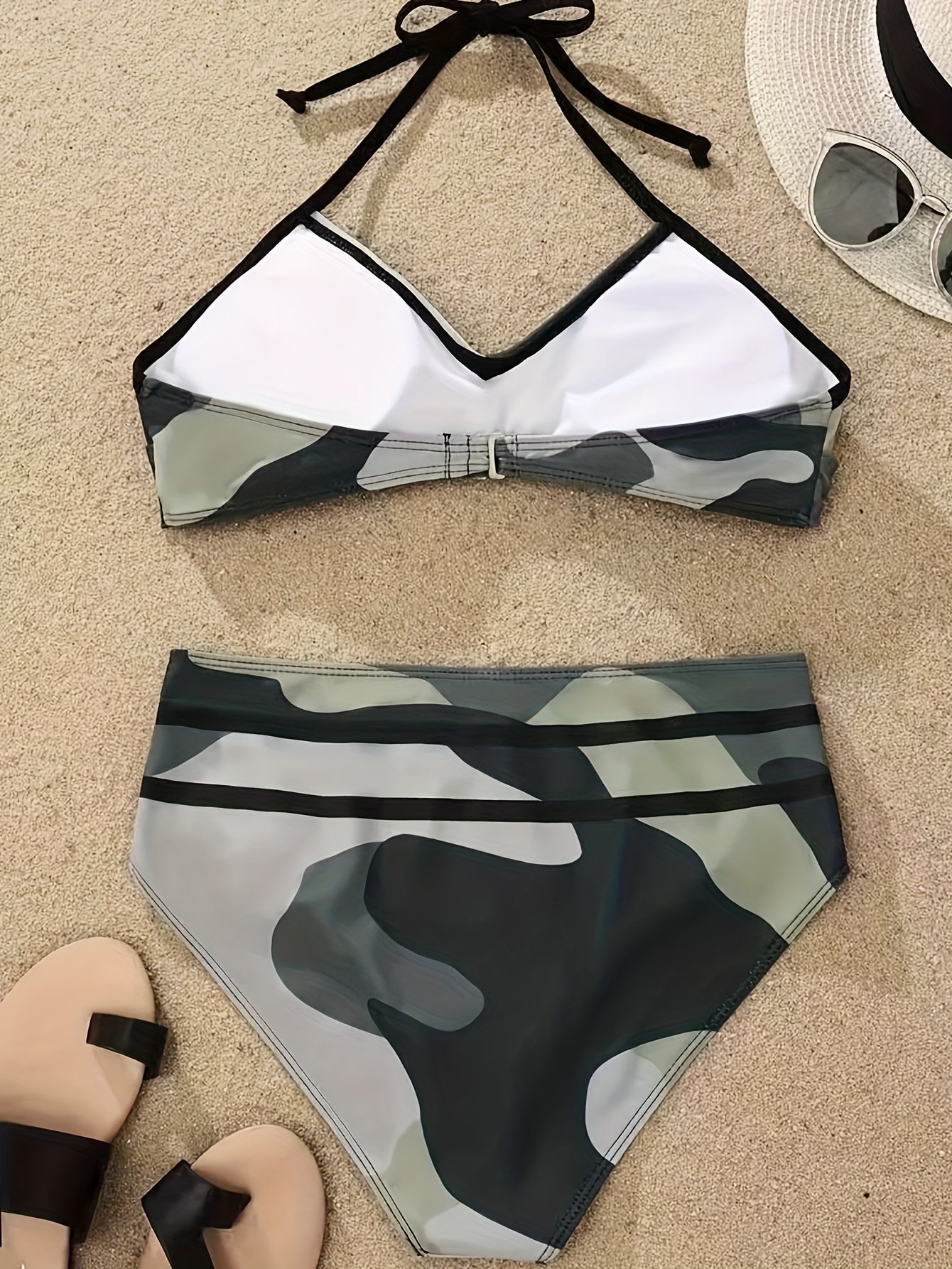 Vibrant Camo Print Two-Piece Bikini Set - Halter V Neck, Backless, High Cut, Ruched Detailing, Comfortable Swimwear for Women - Perfect for Summer Beach, Pool, or Vacation
