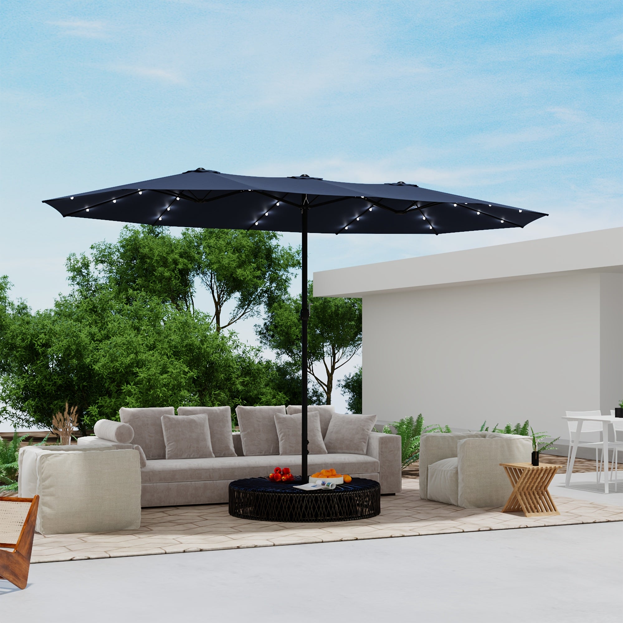 PHI VILLA 15ft Extra Large Rectangular Outdoor Umbrella with Base - Double-Sided Canopy, Heavy-Duty UV, Sturdy Iron Frame & Fabric - Blue Modern Patio Umbrella for Pool, Garden, Backyard, Balcony - Easy-Clean & Windproof Desi