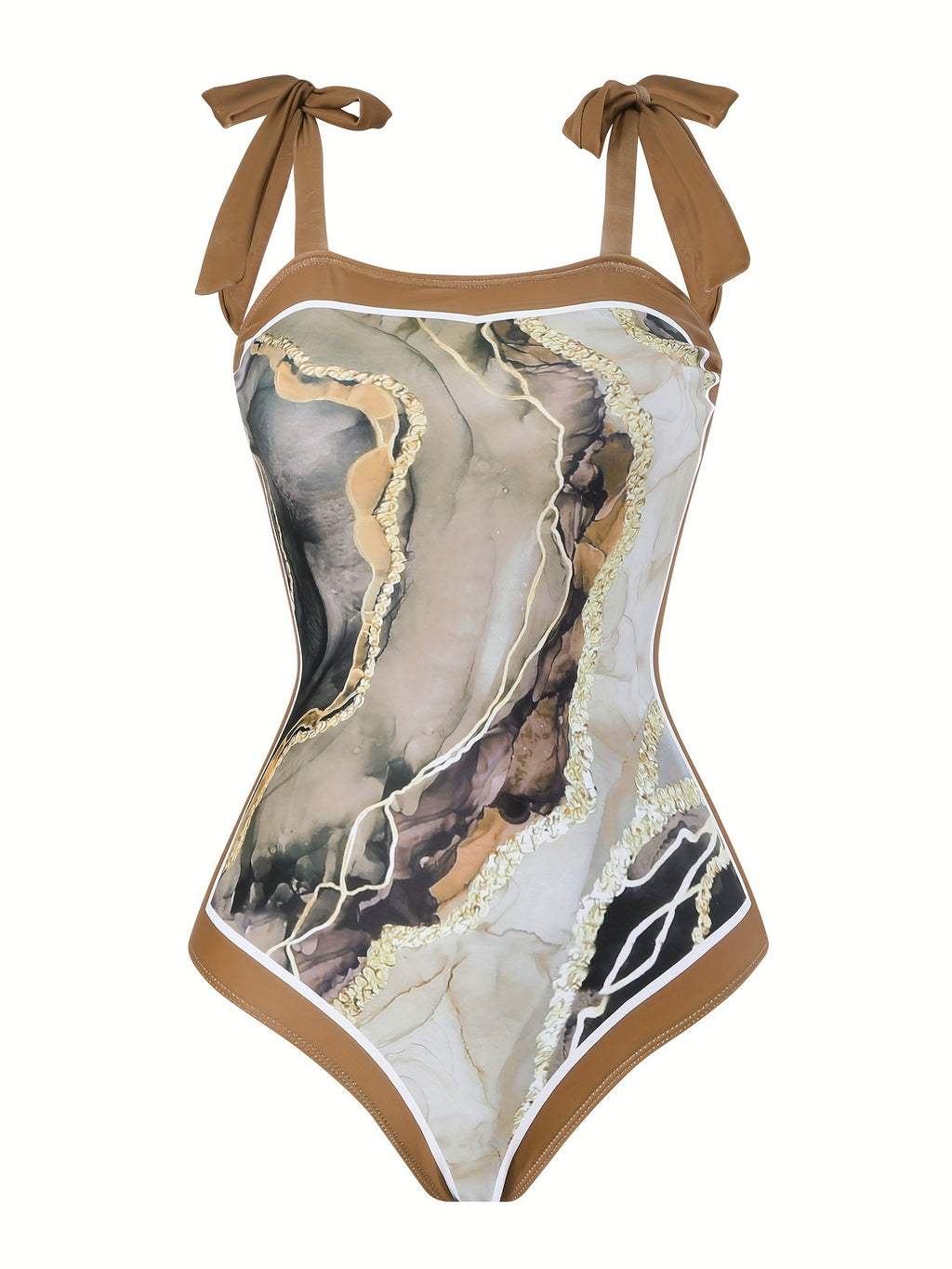 Women'S Off-Shoulder Marble Swimsuit with Sheer Strapless Swimwear - Brown and Golden Accents, High-Stretch Fabric, Perfect for Beach and Pool, Pool Swimsuit|Sleek Two-Piece Set|Subtle Embellishment