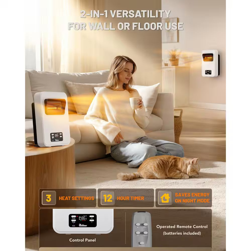 1500-Watt White Wall Hung or Wall Mount Electric Compact Space Heater Dual System W/ Infrared and Fan Forced, Wifi, RC