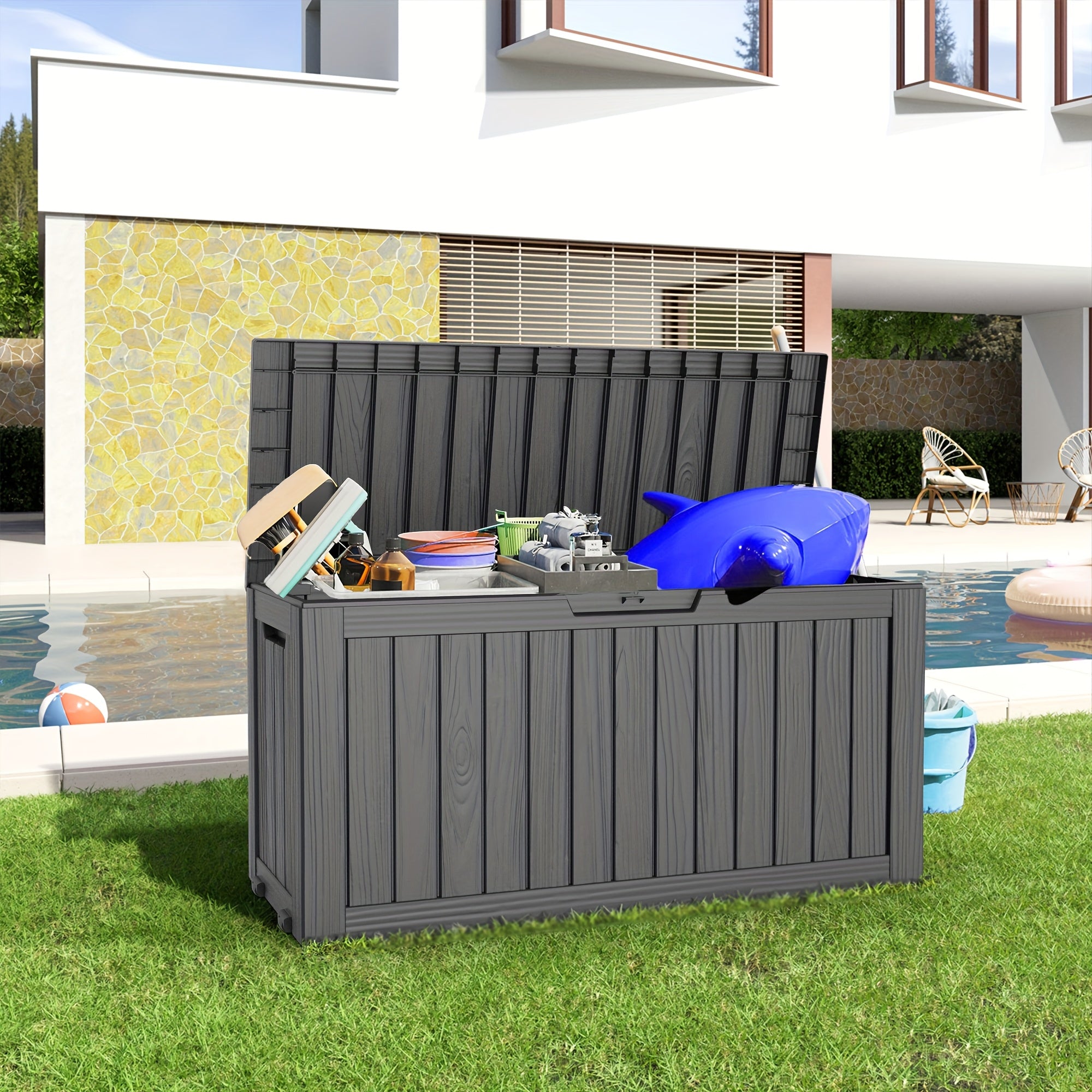 80 Gallon Large Resin Deck Box, Outdoor Lockable Storage Box with Divider for Patio Cushions Storage Furniture, Pool Supplies, Garden Tools, Weatherproof and UV Resistant, Box,Cabinet,Rack for Outdoor Storage