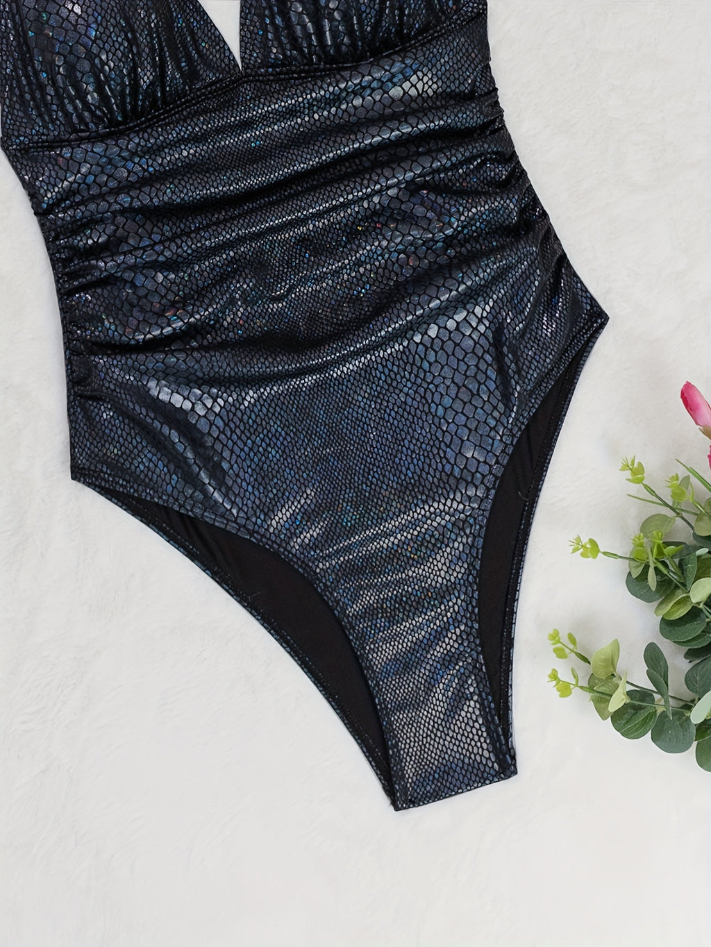 Women's Elegant Black One-Piece Swimsuit - High Elasticity Snug Fit, Backless Design with Snake Print & Shimmering Details, Machine Washable for Beach, Pool, Vacation, Poolside Fashion, Stylish Swimwear, Quality Construction,