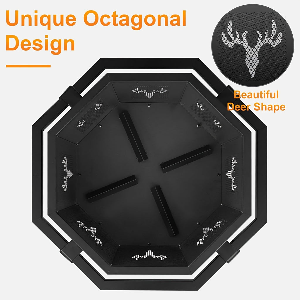 35" Octagonal Wood-Burning Fire Pit - Premium Durable Outdoor Backyard Patio Heater With Poker, Sleek Black Finish, Safe For Camping