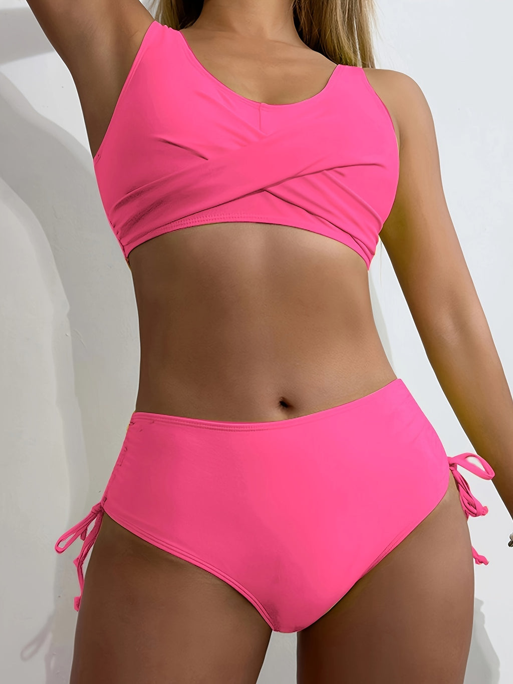 Drawstring Lace Up Plain 2 Piece Set Bikini, Tie Back Twist Stretchy V Neck Swimsuit For Beach Pool Bathing, Women's Swimwear & Clothing