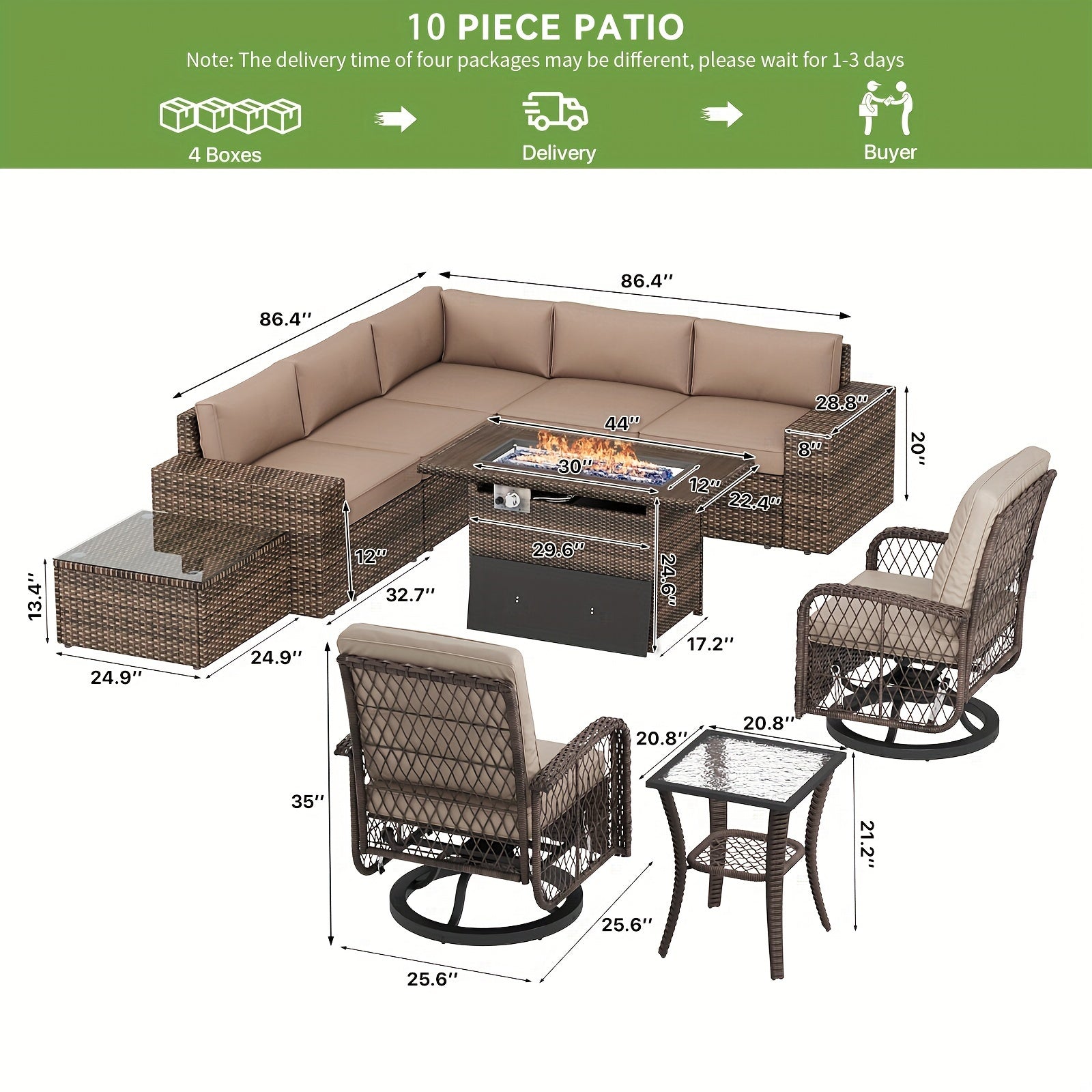 10 piece 10-Piece Patio Conversation Set with Rocking Chair, Wicker Rattan Firepit Table and Chairs