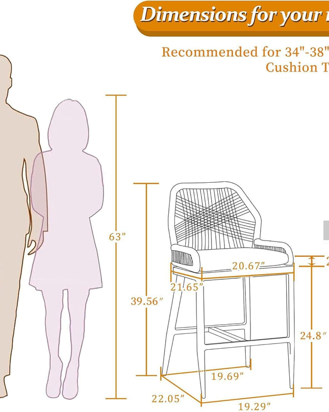 Counter Height Bar Stools Set of 4 Rattan Wicker Outdoor Metal Boho Barstools with Back and Footrest Patio Garden Balcony Pool Bar Chairs