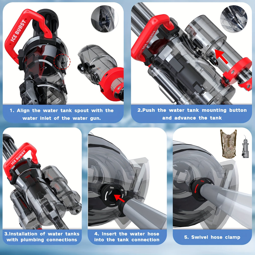 Gatling Electric Water Gun For Adults Kids Ages 8+, Most Powerful Automatic Squirt Gun, High Powered 28-32 FT Long Range Auto Water Blaster, LED Light Outdoor Pool Swimming Toy Game