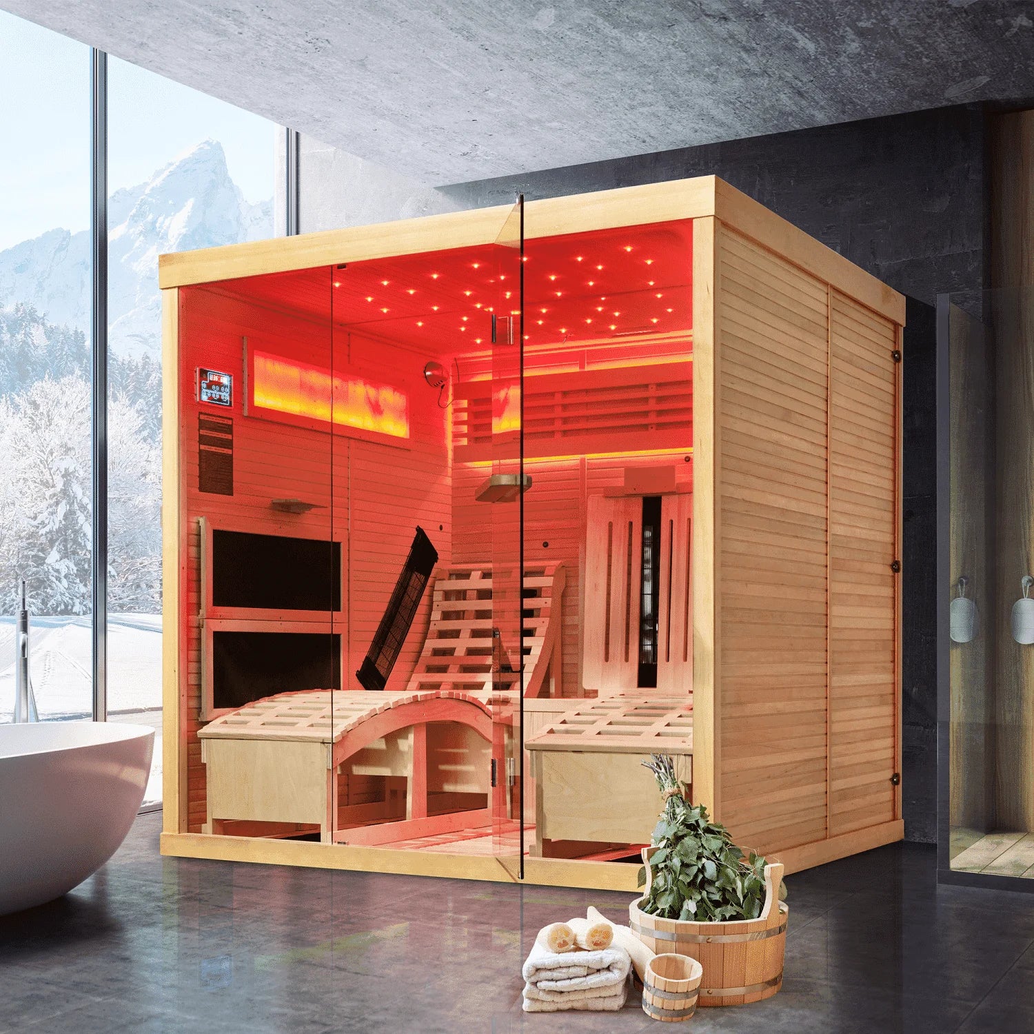 2 Person Infrared Sauna,Luxurious Indoor Sauna with Recliner, Wooden Sauna with 7-Color Starry Ceiling,9 Heating Tubes,5 Carbon Panels,2-In-1 Door Handle,Himalayan Salt Brick,Oxygen Bar