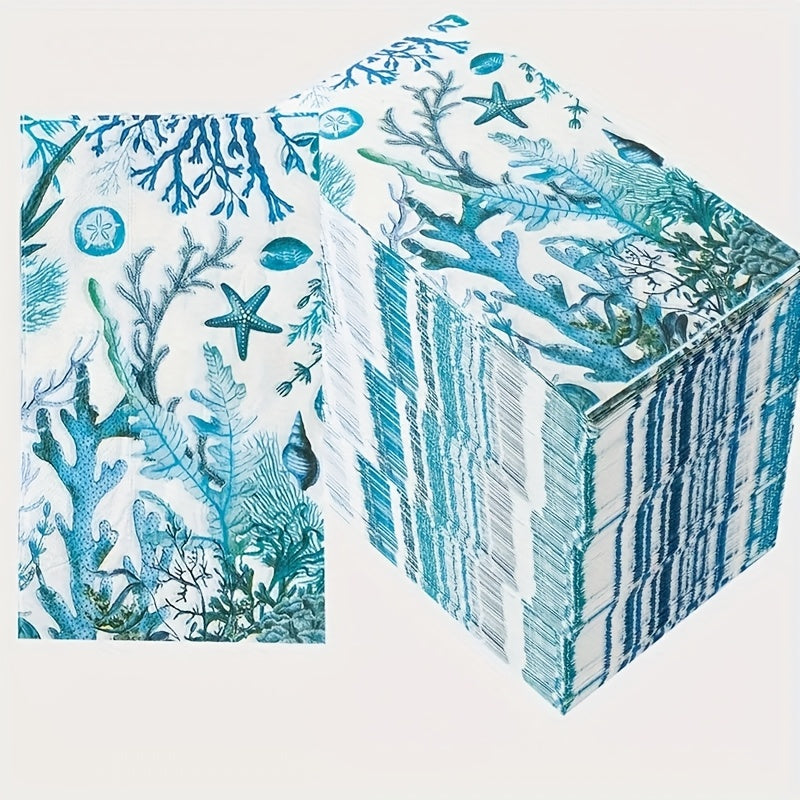 20pcs Blue Starfish & Coral Guest Napkins - Tropical Ocean Beach Theme Paper Towels for Weddings, Birthdays, Pool Parties & More