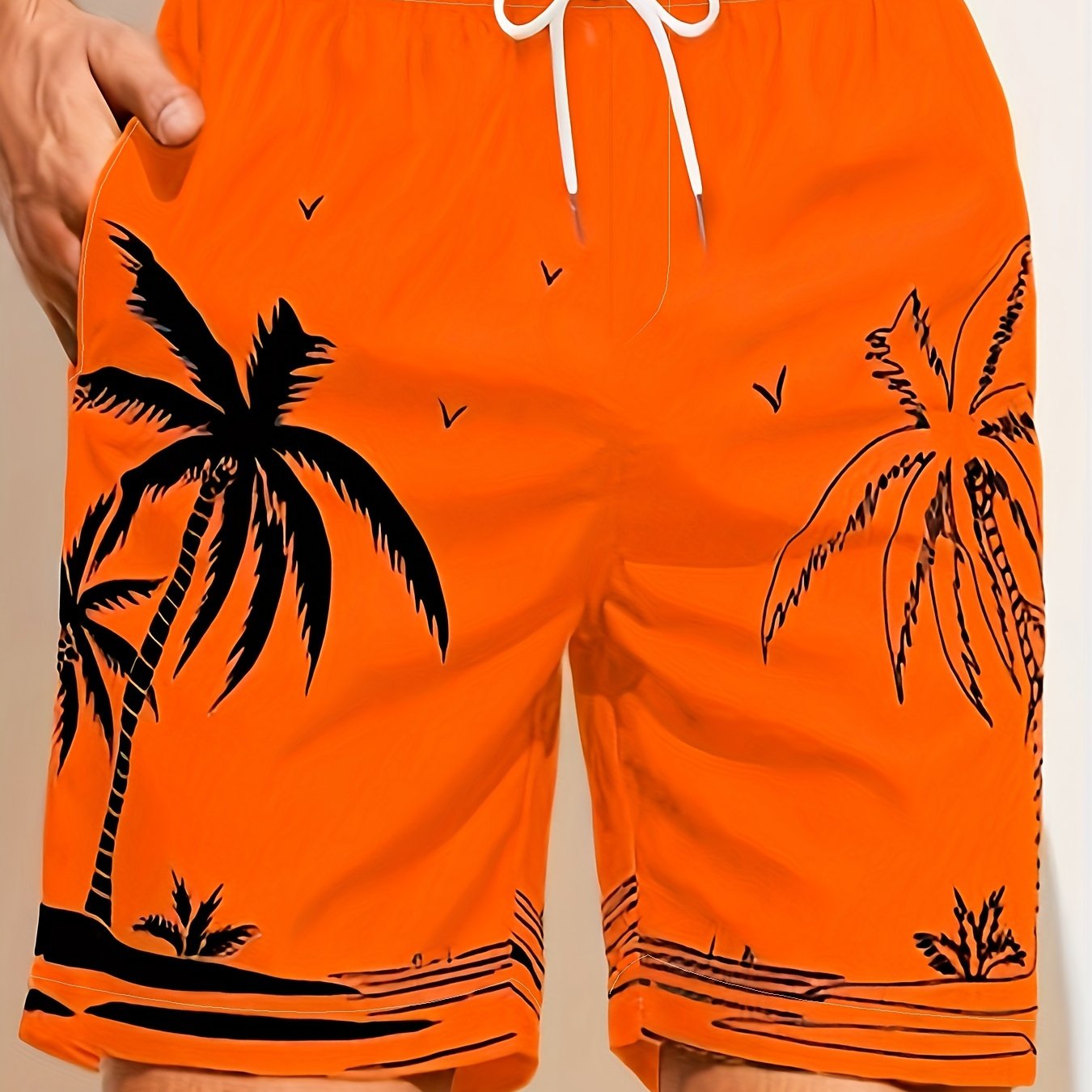 Quick Drying Mesh Lining Comfortable Breathable Palm Tree Pattern Drawstring Swim Trunks With 2 Pockets, Men's Pants Swimwear For Summer Vacation Resort Beach Pool