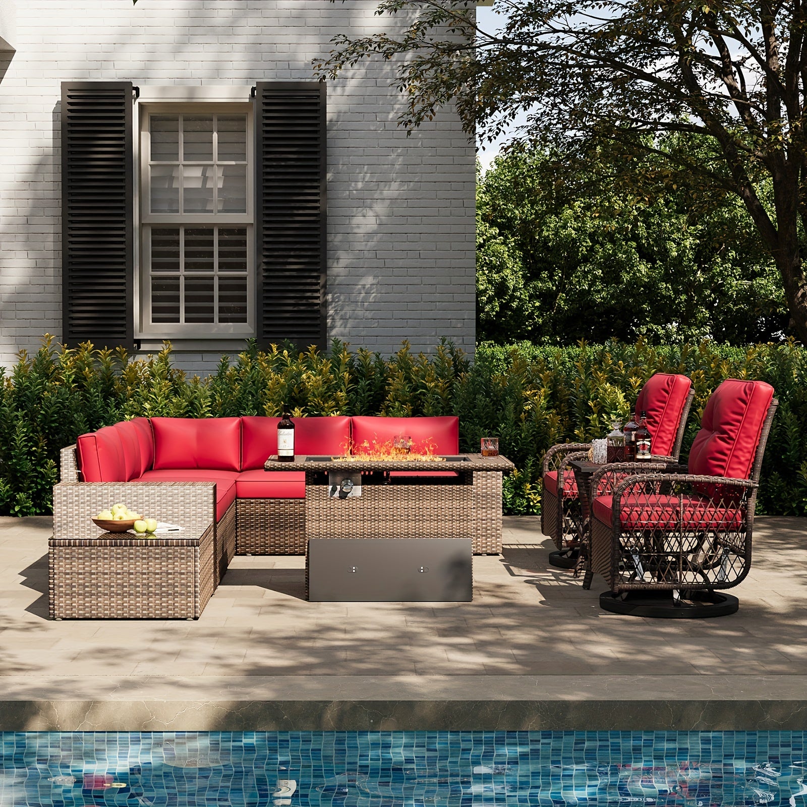 10 piece 10-Piece Patio Conversation Set with Rocking Chair, Wicker Rattan Firepit Table and Chairs