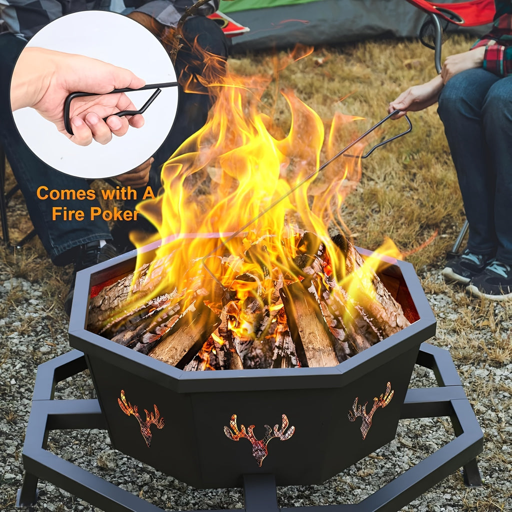 35" Octagonal Wood-Burning Fire Pit - Premium Durable Outdoor Backyard Patio Heater With Poker, Sleek Black Finish, Safe For Camping