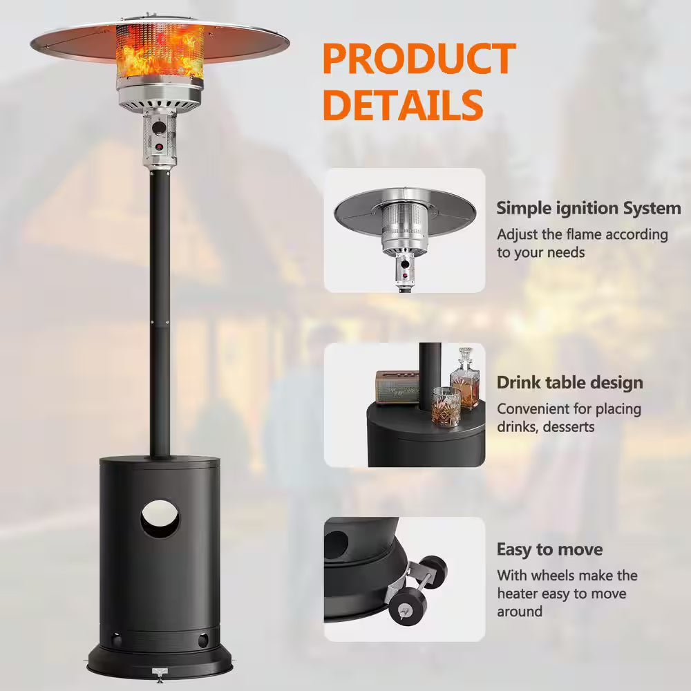 Upgraded 50,000 BTU Stainless Steel Matte Black Propane Gas Standing Patio Heater with 2-Wheels and Flame-Out Protection