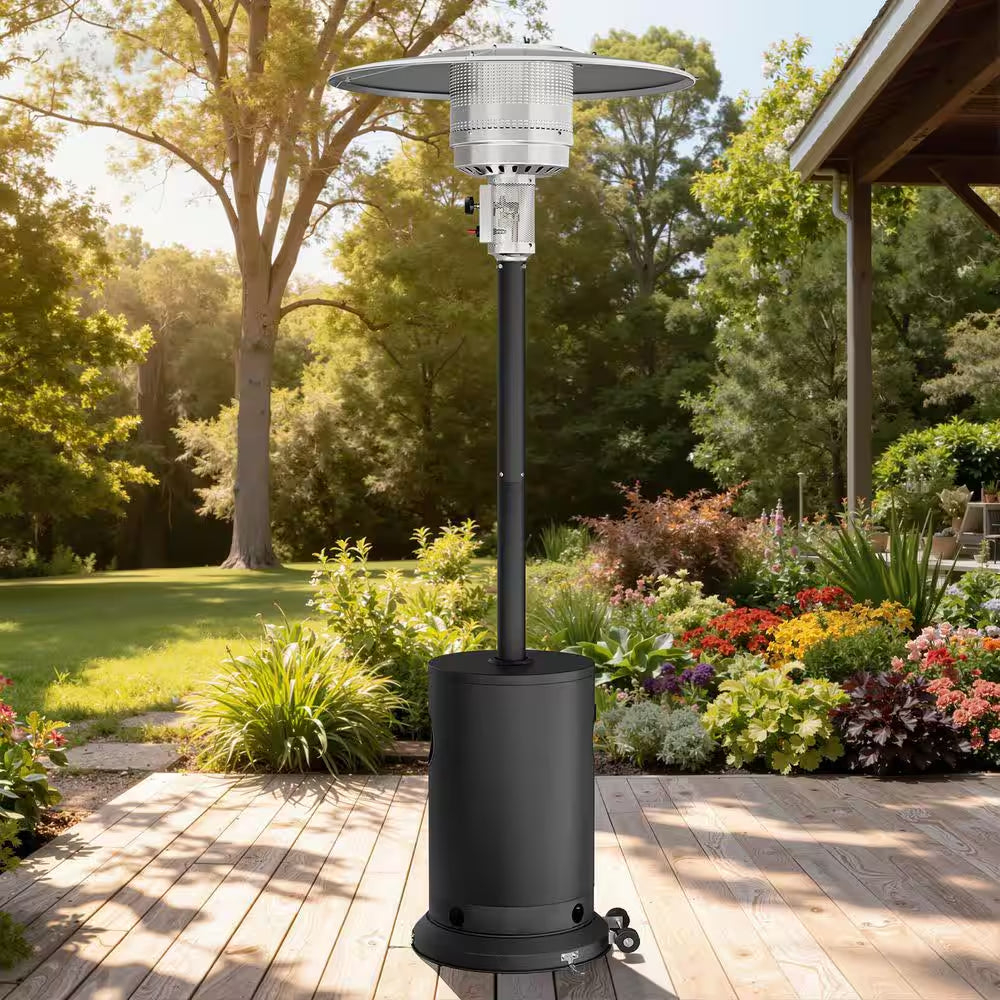 Upgraded 50,000 BTU Stainless Steel Matte Black Propane Gas Standing Patio Heater with 2-Wheels and Flame-Out Protection