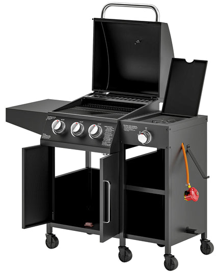 3 Burner Gas BBQ Grill with Storage Cabinet and Side Burner - Black
