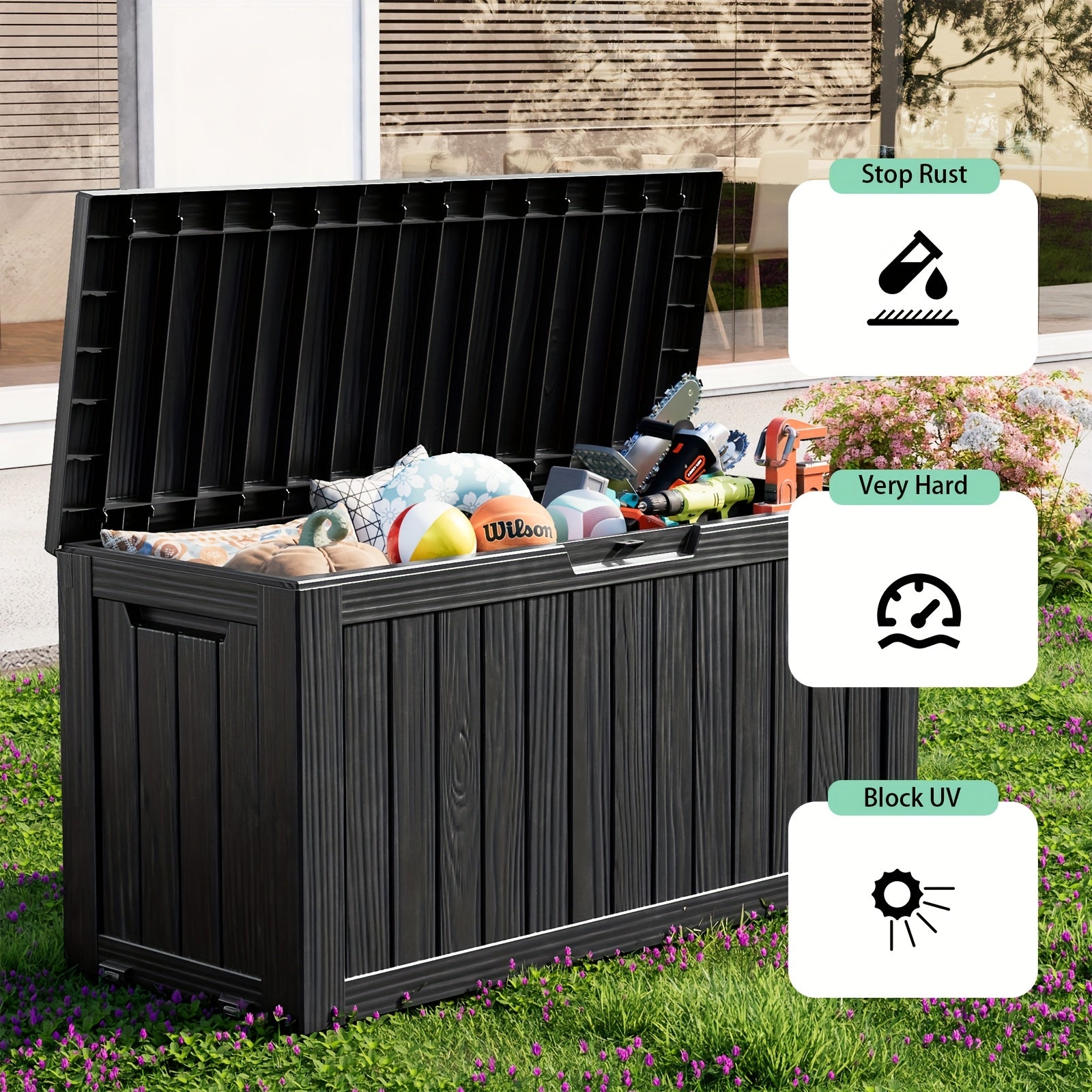 80 Gallon Large Resin Deck Box, Outdoor Lockable Storage Box with Divider for Patio Cushions Storage Furniture, Pool Supplies, Garden Tools, Weatherproof and UV Resistant, Box,Cabinet,Rack for Outdoor Storage