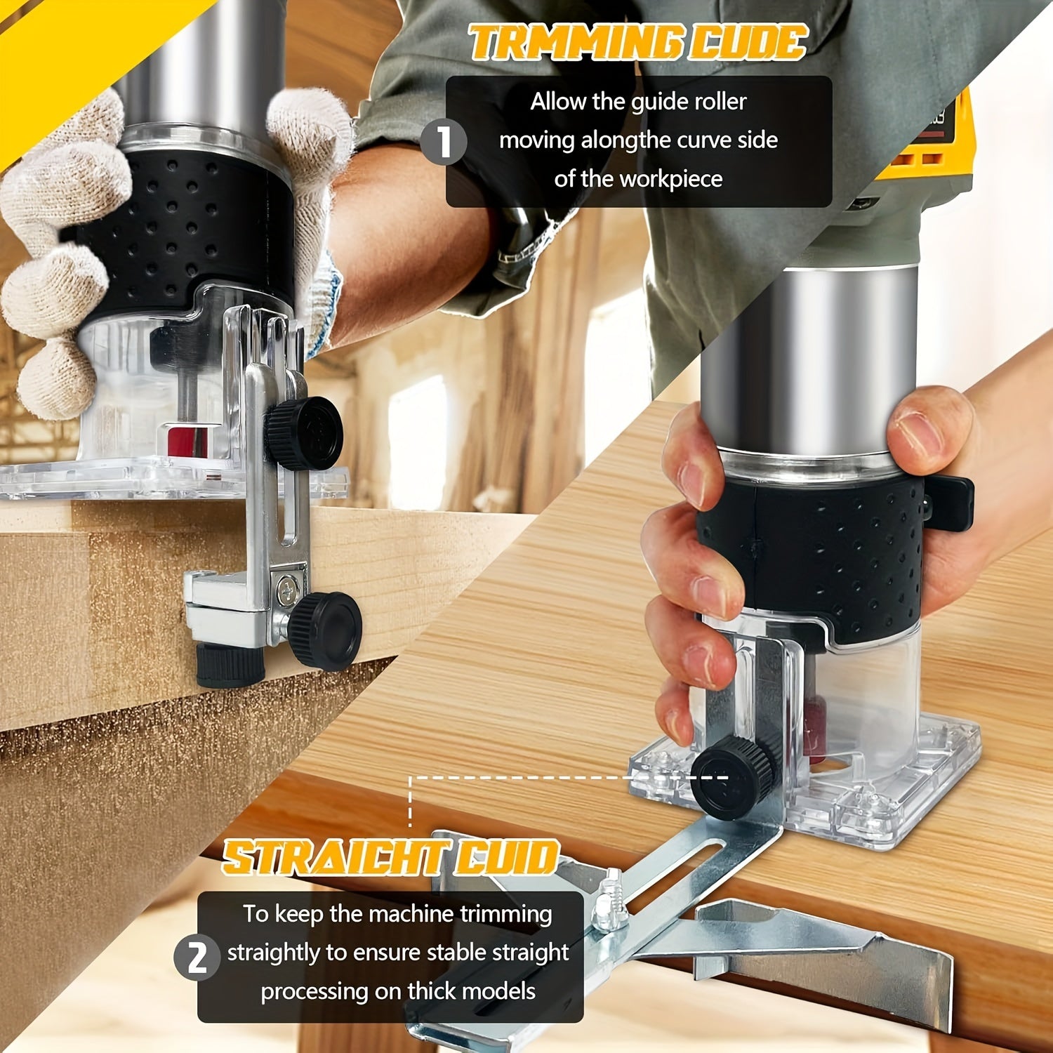 12 PCS 1/4" Router Bits 800W Cordless Wood Router - Routers with 30000RPM Brushless Motor, 6 Speeds, Edge Guide, Roller Guide, Compatible with Dewalt 20V Battery (Machine Only)