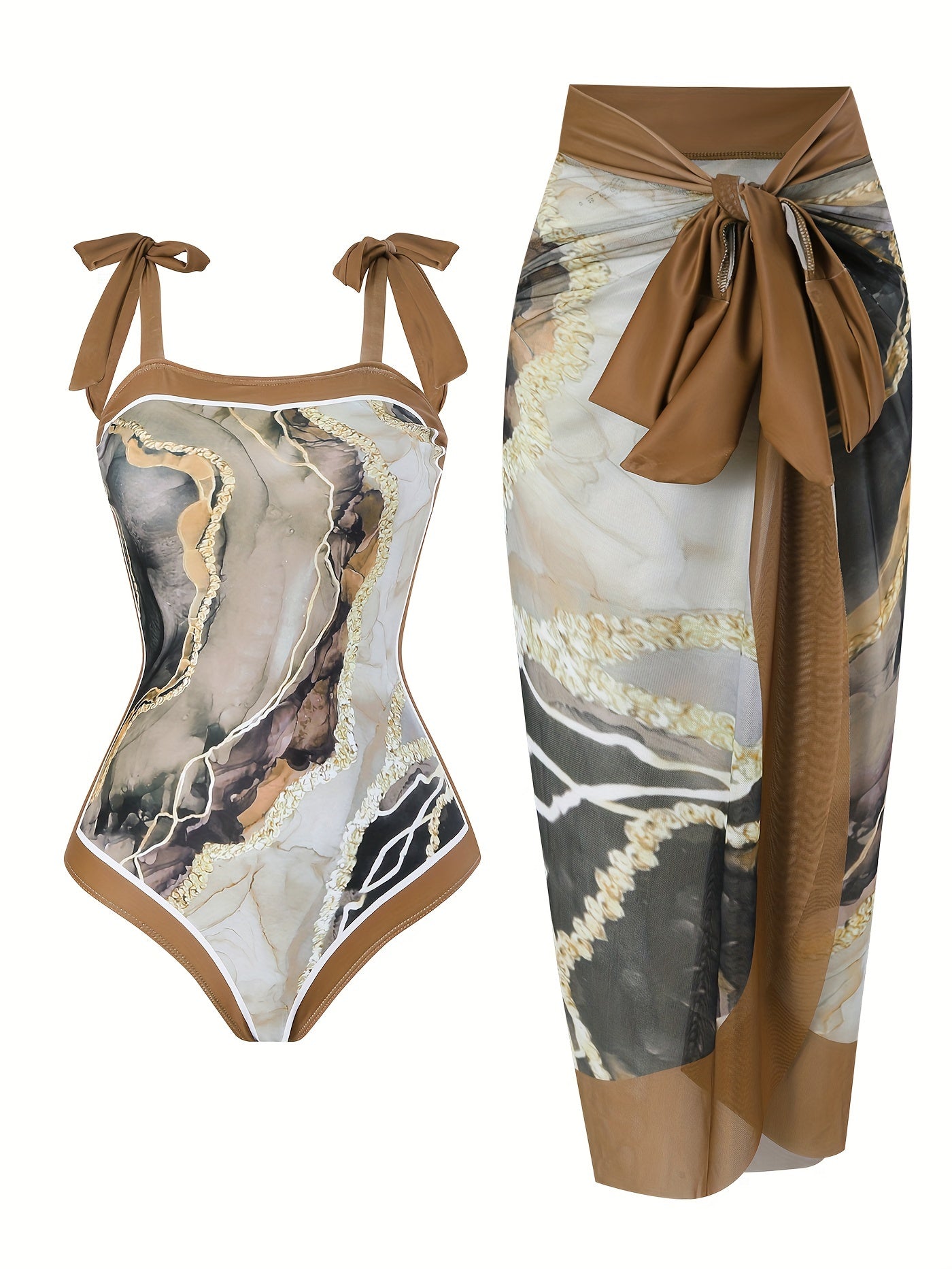 Women'S Off-Shoulder Marble Swimsuit with Sheer Strapless Swimwear - Brown and Golden Accents, High-Stretch Fabric, Perfect for Beach and Pool, Pool Swimsuit|Sleek Two-Piece Set|Subtle Embellishment