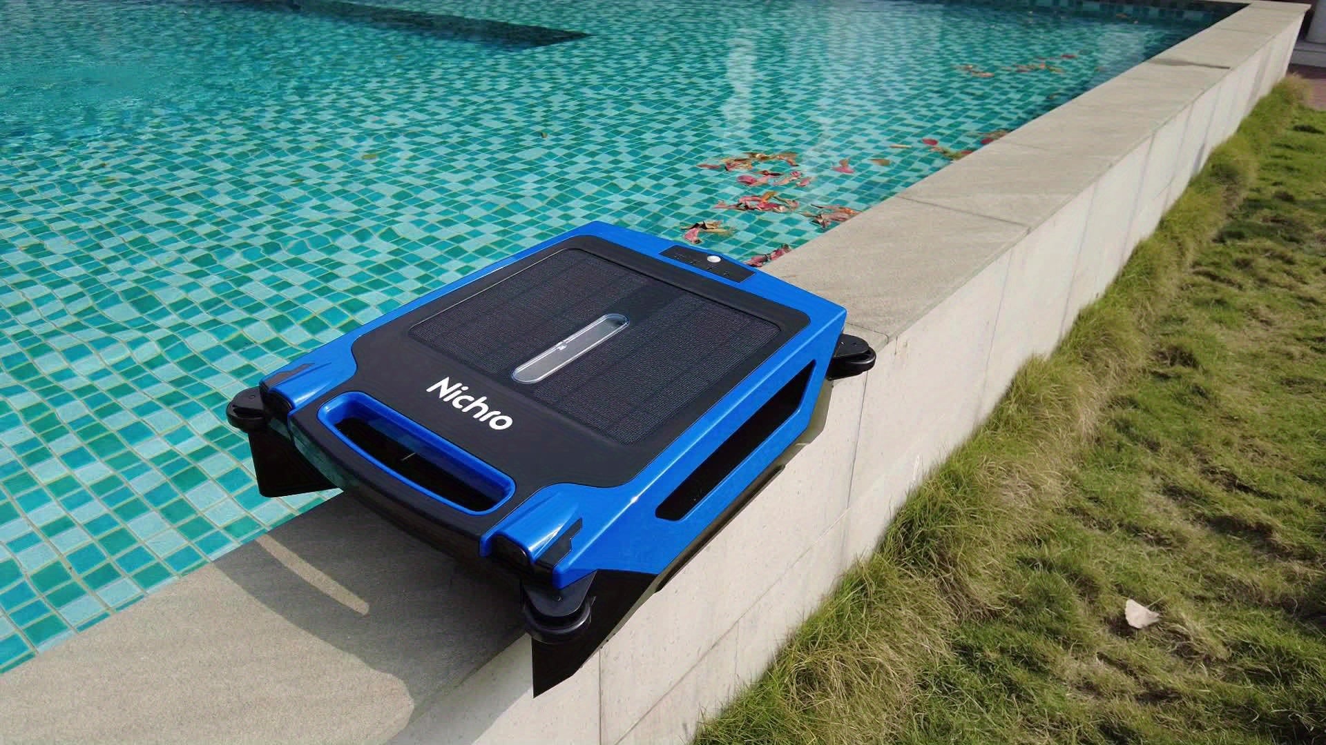 [Fast Arrival] Nichro Advanced Robotic Pool Skimmer - Robotic Pool Cleaners with Solar & Rechargeable Power, 2 Efficient Cleaning Modes, Automatic Obstacle Avoidance, Twin Salt Chlorine Tolerant Motors for Sparkling Clean Poo