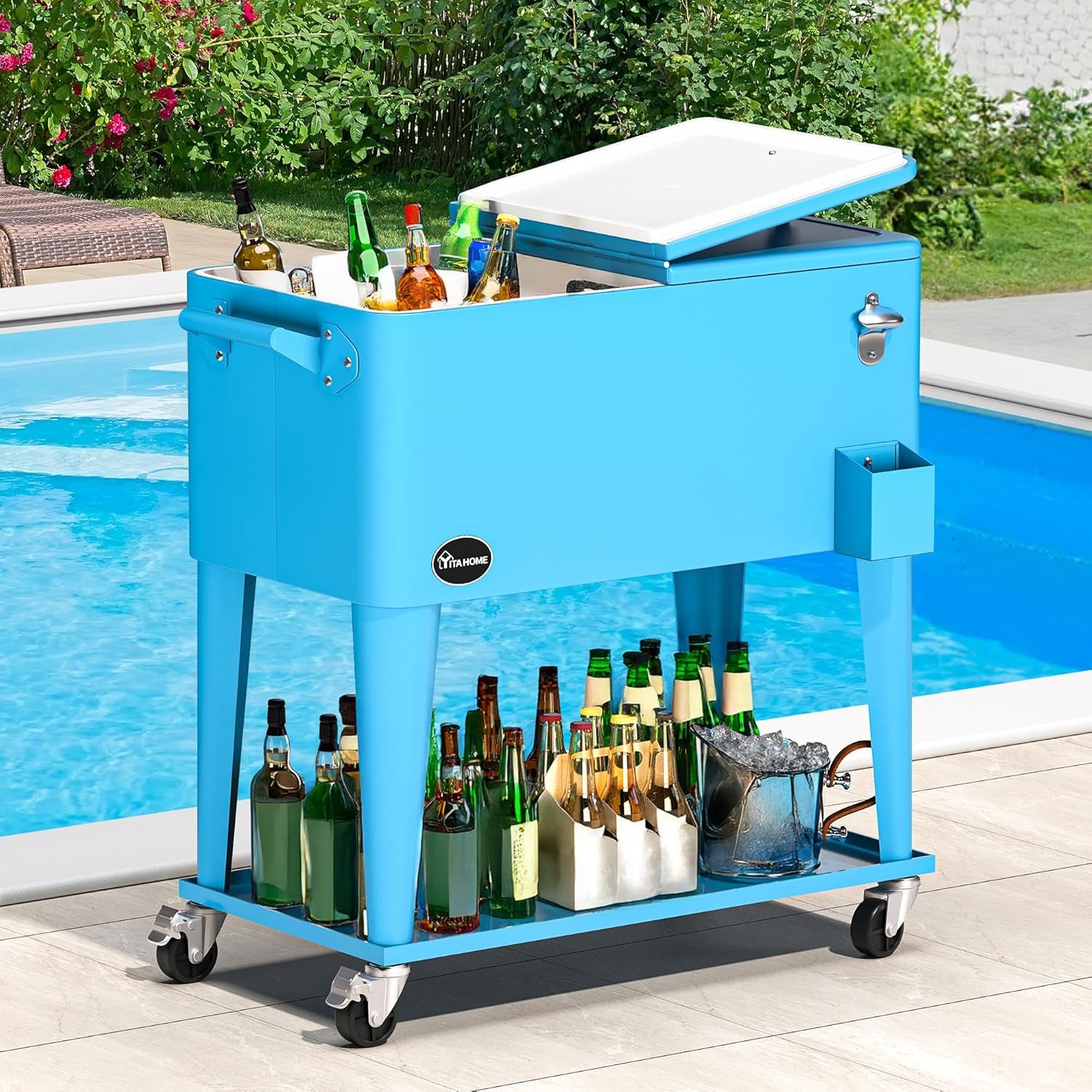Elevate Your Summer Gatherings with the 80 Quart Rolling Patio Cooler Cart – The Ultimate Companion for Pool Parties and BBQs!