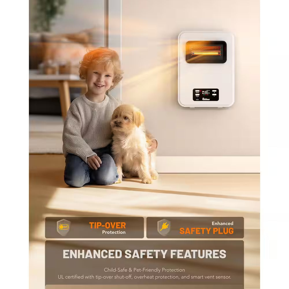 1500-Watt White Wall Hung or Wall Mount Electric Compact Space Heater Dual System W/ Infrared and Fan Forced, Wifi, RC