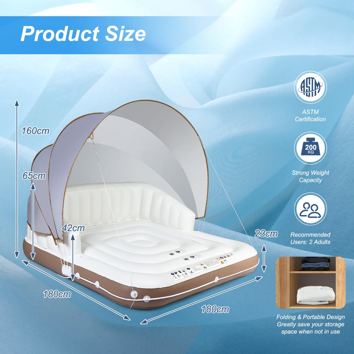 NNECW Inflatable Pool Floating Lounge Chair with 2 Cup Holders Retractable Canopy-3