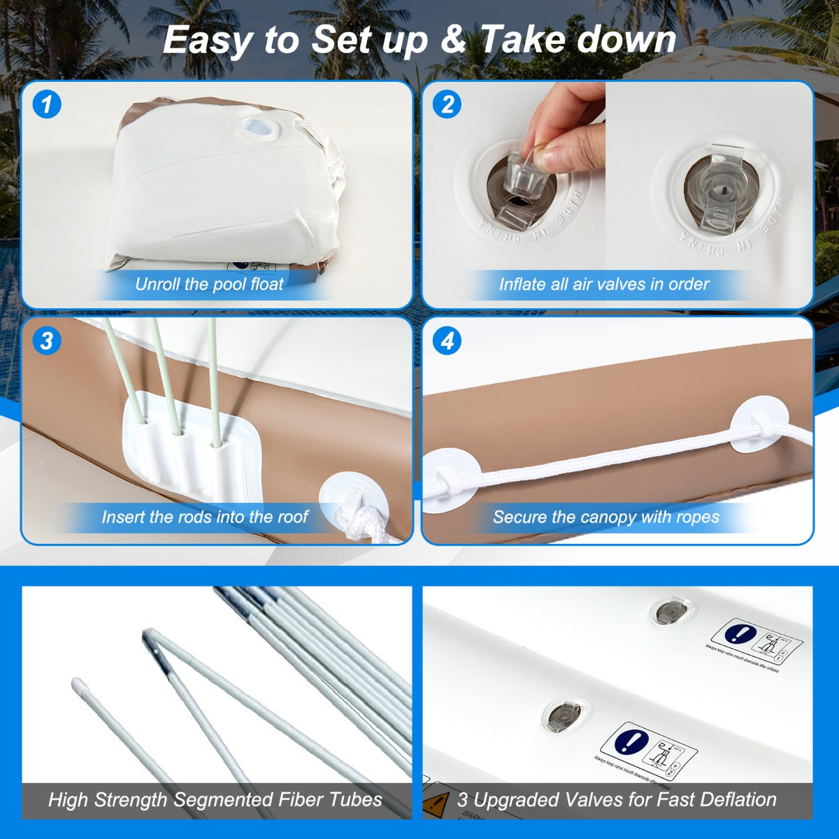 NNECW Inflatable Pool Floating Lounge Chair with 2 Cup Holders Retractable Canopy-4