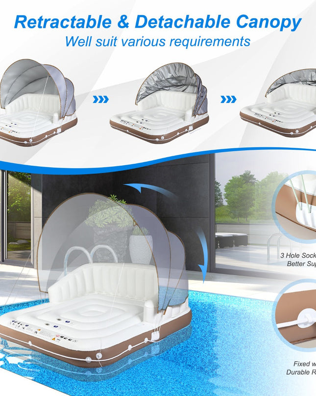 NNECW Inflatable Pool Floating Lounge Chair with 2 Cup Holders Retractable Canopy