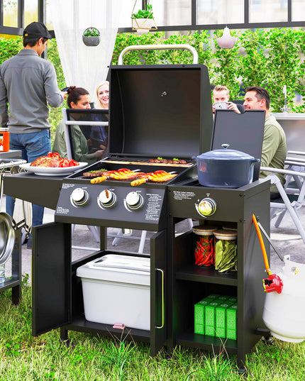 3 Burner Gas BBQ Grill with Storage Cabinet and Side Burner - Black