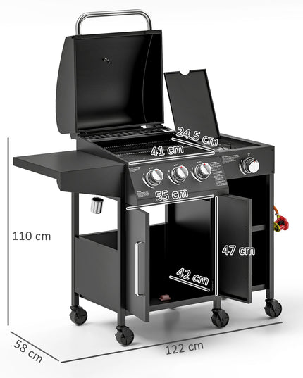 3 Burner Gas BBQ Grill with Storage Cabinet and Side Burner - Black